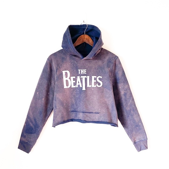 The Beatles Tops - The Beatles Destroyed Bleached Out Raw Cropped Band Hoodie